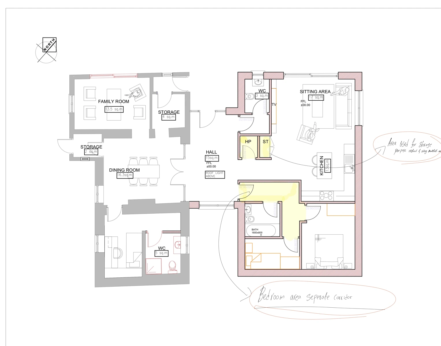 Cavan Cottage proposed ground-floor plan, Option C, with hand-written design review annotations