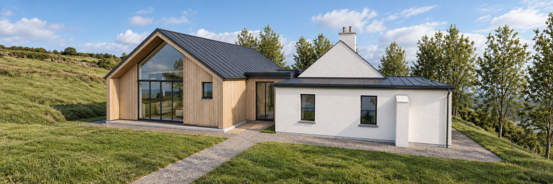 Cavan Cottage proposed design with a contemporary timber extension beside the original white cottage