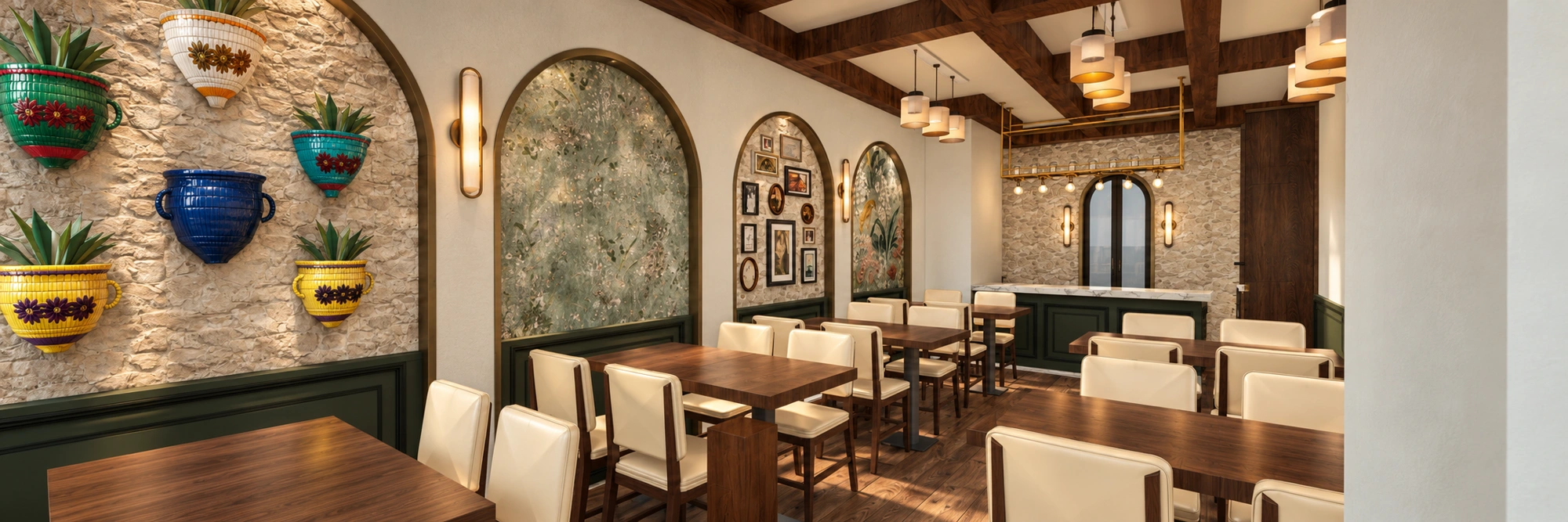 Feyrouz Restaurant interior design featuring stone arches, warm lighting and timber dining furniture