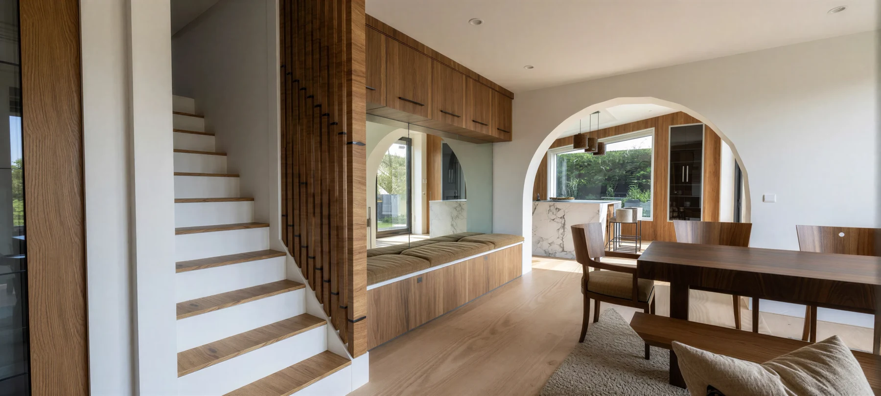 Rathdrum design visualisation with timber joinery, arched openings and a light-filled dining space